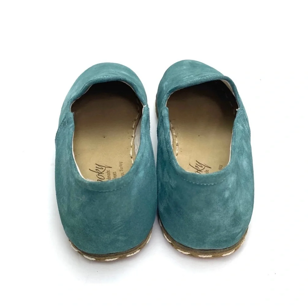THE Bespoky Suede Handmade Flat Slip On Loafer In Aqua green Size 41